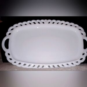 Milk Glass Vintage Handled Rectangular Tray Trinket Dish Reticulated Edge